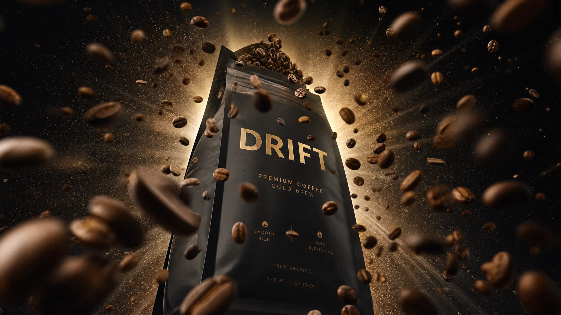 Drift premium coffee bag exploding with beans and gold dust